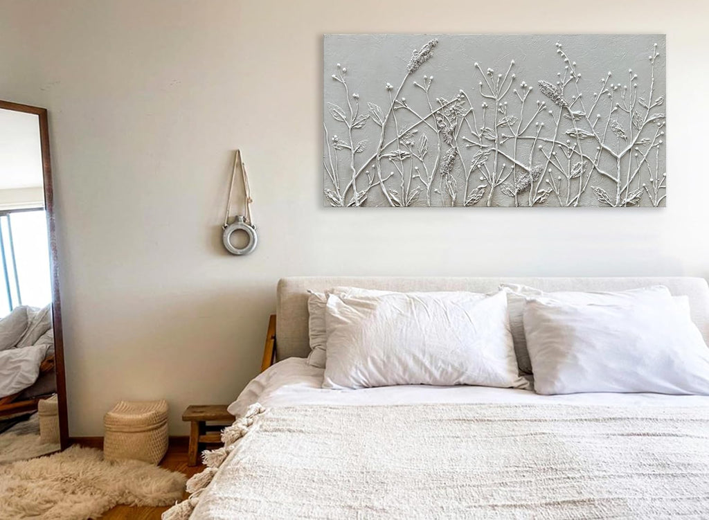 Hand Painted White Abstract Flower Oil Painting Home Wall Decorative Art 24x48 Inches