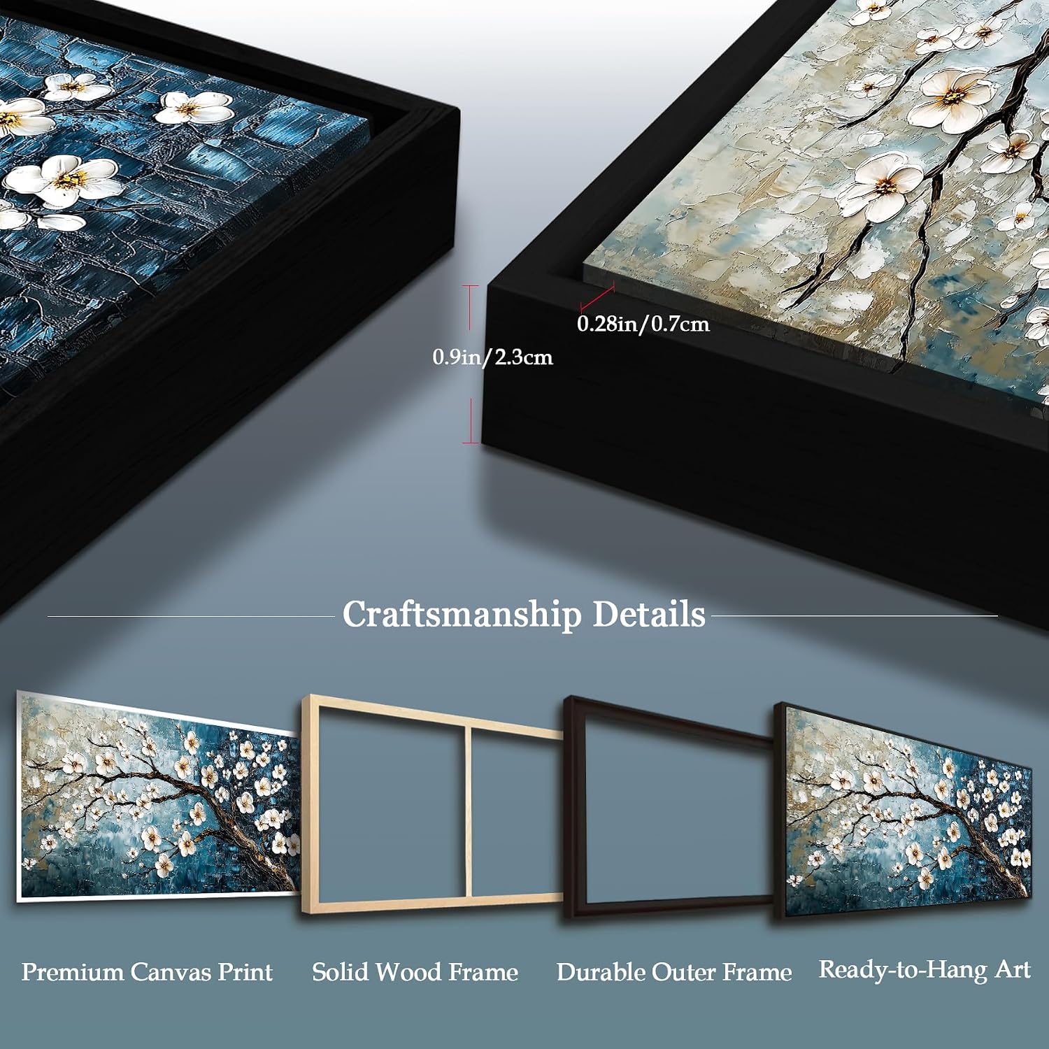 crmotu Large Plum Blossom Wall Art, Japanese Teal Tree Oil Paintings Prints Framed Artwork, Modern Blue Tree Pictures Wall Decor Living Room Bedroom Home Office, 32'x71'