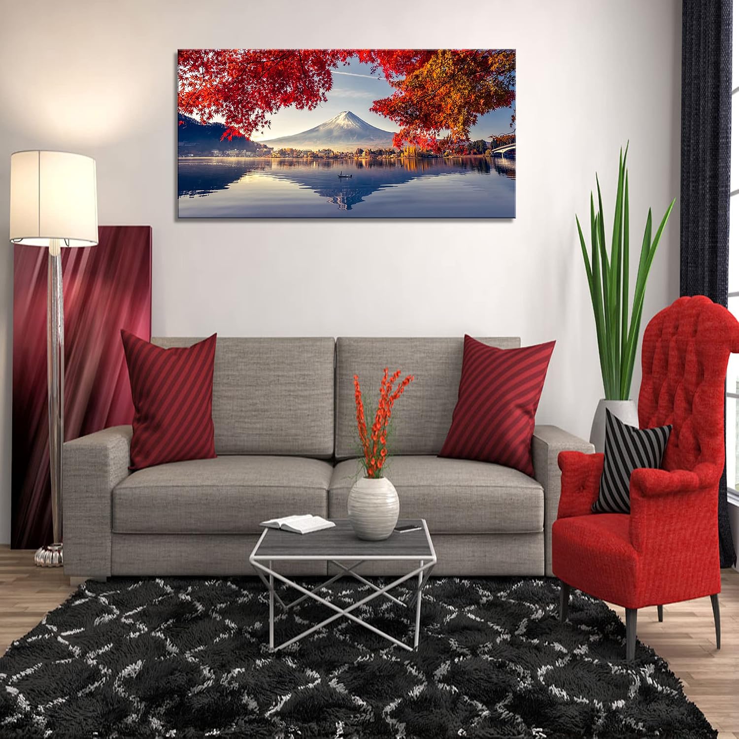 YYYYHPP Canvas Prints Mountain Fuji with morning fog and red leaves at lake Kawaguchiko Nature Picture Wall Art Framed Artwork for Living Room Bedroom Kitchen Home and Office Wall Decor
