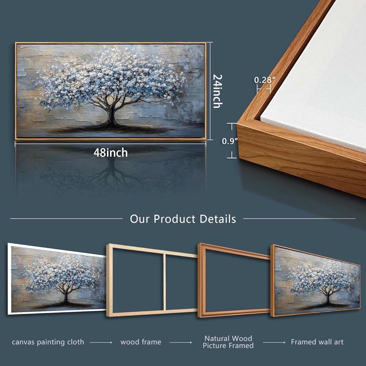 ERQINHUA Wood Framed Abstract Wall Art Office Large Wall Decor Art For Living Room Wall Pictures Blue Grey TreePainting Framed Canvas Artwork Bedroom Dining room Home Decoration Aesthetics 24'X48'