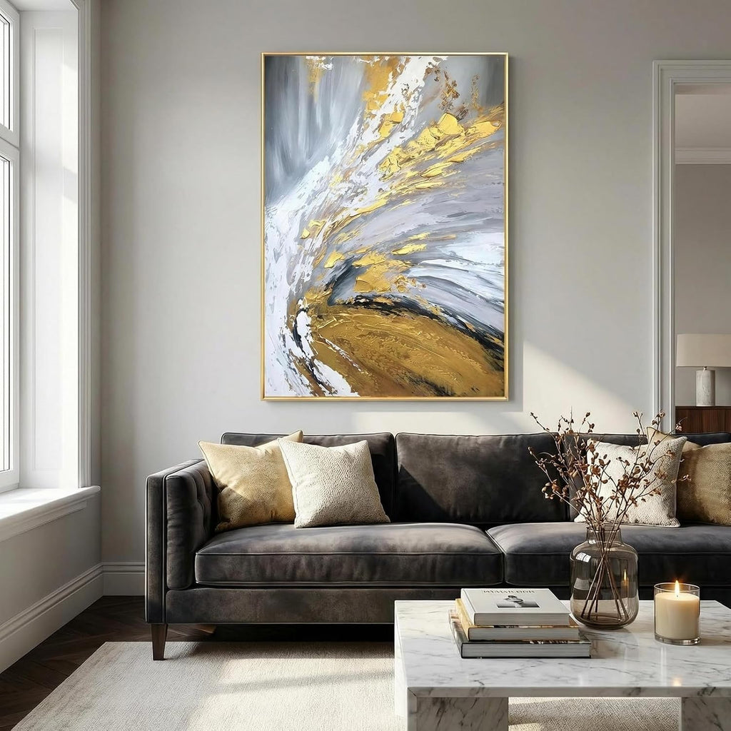 Large 3D Textured Abstract Canvas Wall Art for Entryway, Hand Painted Gold Foil Wall Painting for Office, Modern Luxury Gray & Gold Framed Artwork for Living Room Bedroom Home Décor 30x44 inches