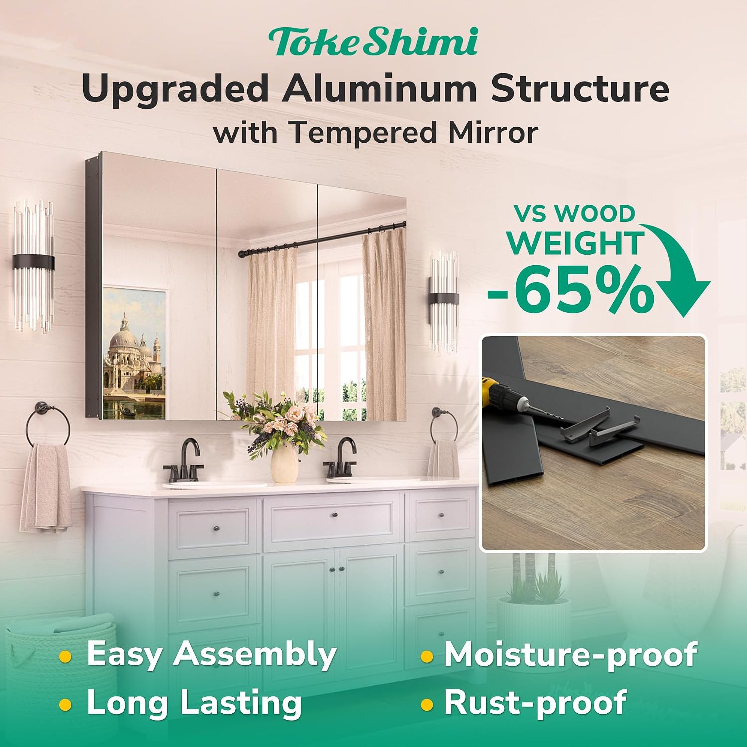 TokeShimi 24 x 32 Mirrored Medicine Cabinet Recessed or Surface Mount, Aluminum Tempered Bathroom Medicine Cabinet with Mirror with Storage Black Stepless Adjustable Metal Shelves Farmhouse