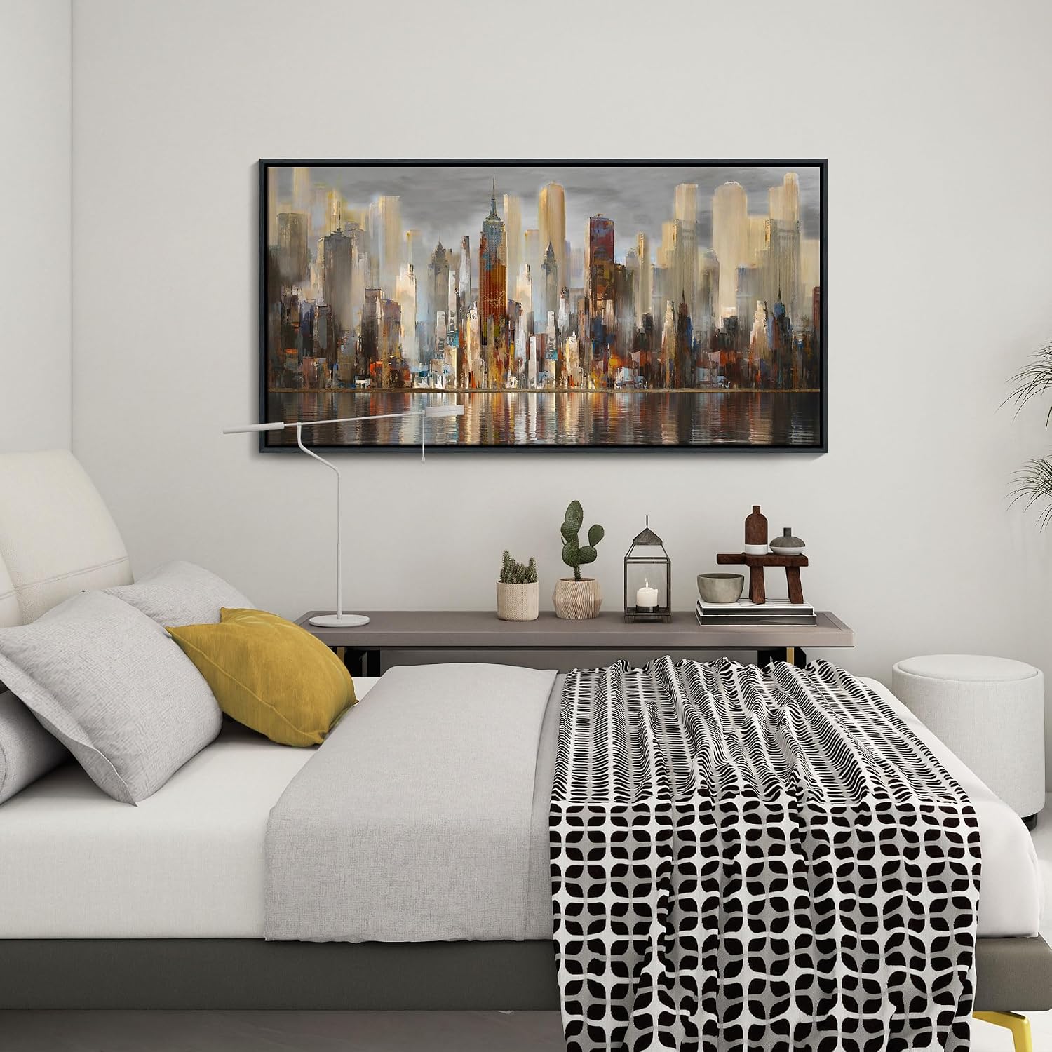 Abstract Brown New York City canvas Wall Art Framed Large Wall Art for Living Room Modern Paintings for Bedroom Cityscape New York Wall Decor Artwork Wall Pictures for Office and Bedroom 24×48in