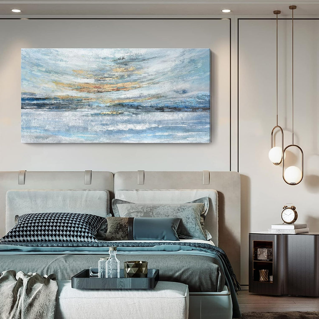 Extra Large Framed Wall Art for Living Room Light Blue Huge Canvas Print Modern Ocean Skyline and Sunset Wall Picture Coastal Themed Seaside Sea Artwork for Home Bedroom Décor 58x29inch Décor