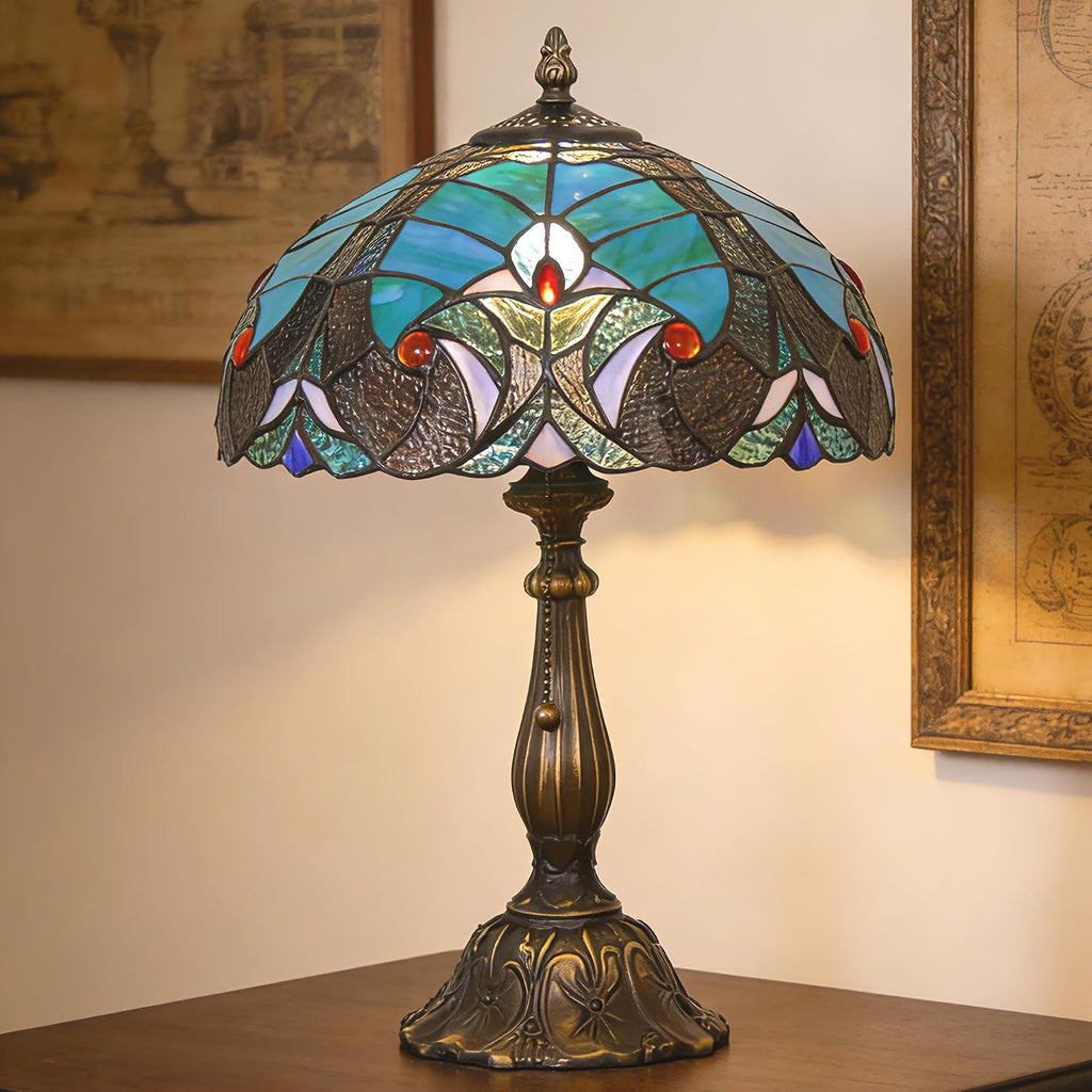 Tiffany Lamp Stained Glass Table Lamp Antique Bedside Reading Light W12H19 Inches (Green Liaison)