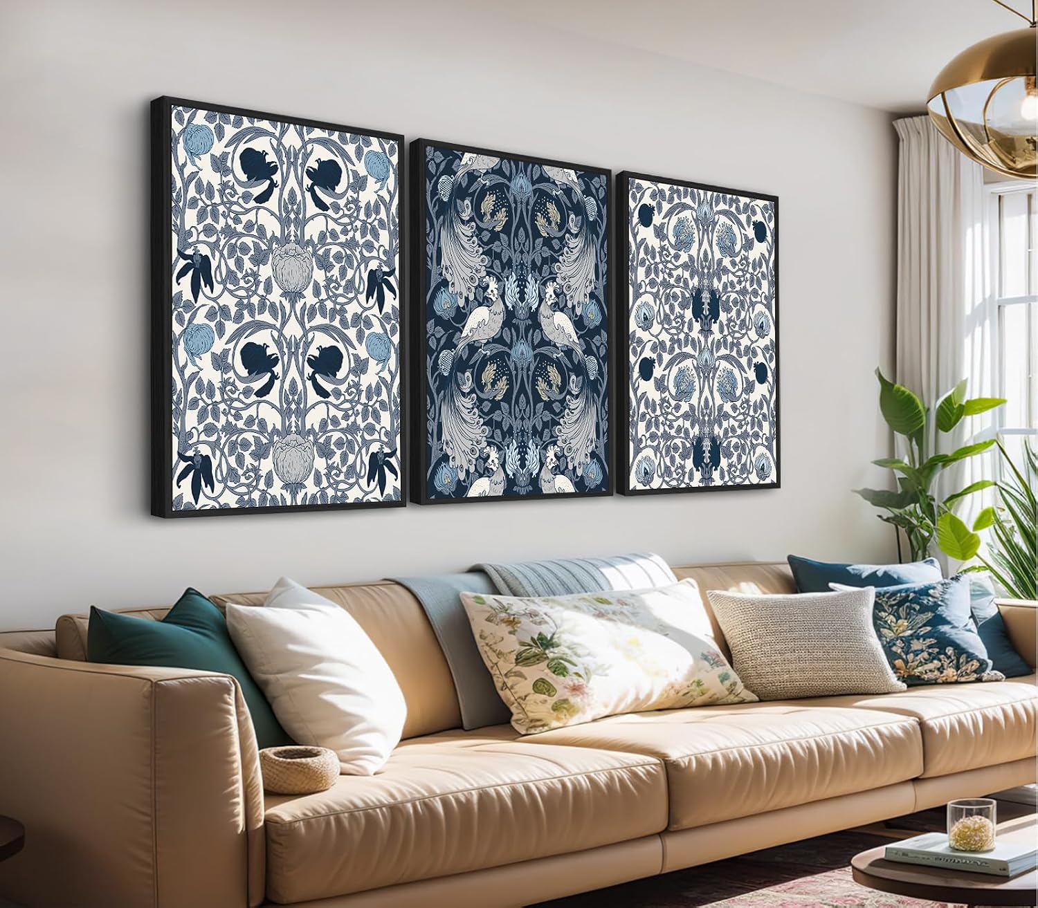 Large Framed Canvas Wall Art - Navy Blue Pictures William Morris Style for Living Room Boho Prints Bird Flower Wall Decor for Bedroom Dining Room Black Float Frame 32' X 48' X 3 Pieces