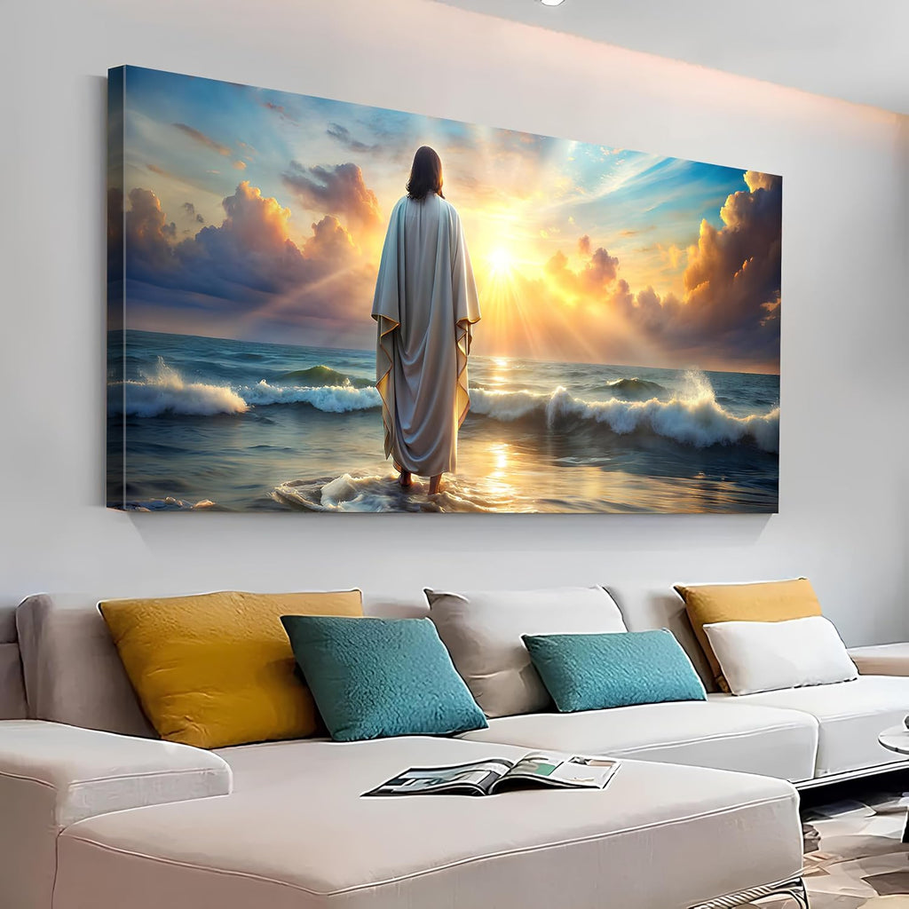 Jesus Walking on Water Wall Art Inspirational Biblical Wall Decor Jesus Walking on Sunset Ocean Picture Christian Religious Painting Decor Nature Beach Poster Artwork Church Home Decorations 30x60'