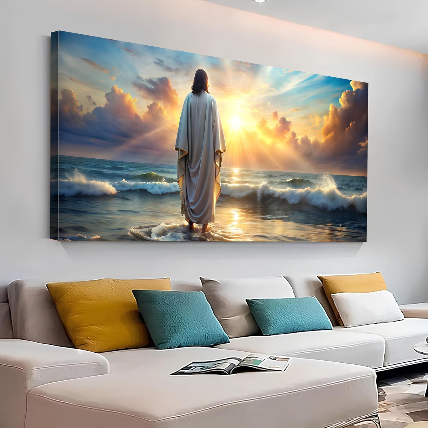 Jesus Walking on Water Wall Art Inspirational Biblical Wall Decor Jesus Walking on Sunset Ocean Picture Christian Religious Painting Decor Nature Beach Poster Artwork Church Home Decorations 30x60'