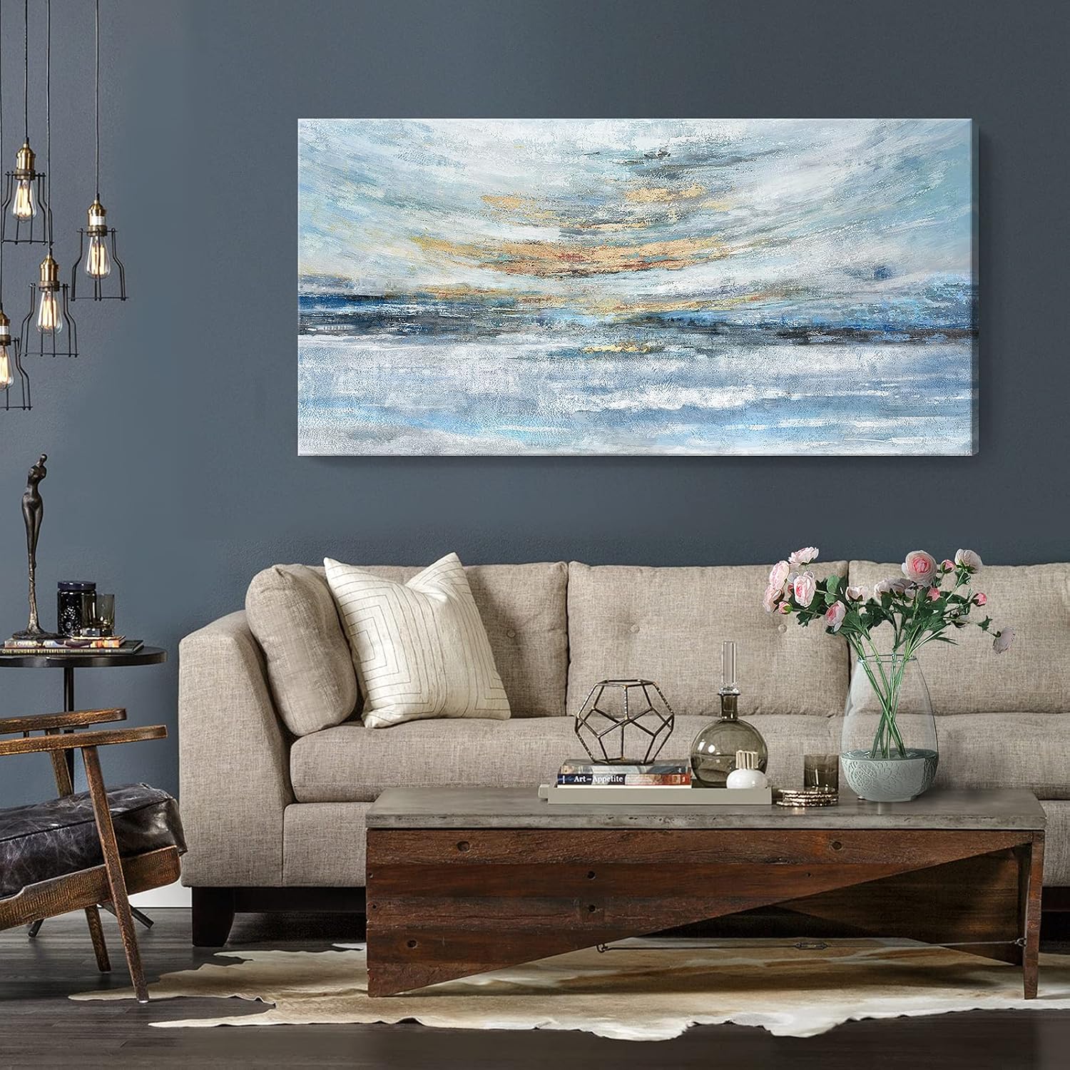 Extra Large Framed Wall Art for Living Room Light Blue Huge Canvas Print Modern Ocean Skyline and Sunset Wall Picture Coastal Themed Seaside Sea Artwork for Home Bedroom Décor 58x29inch Décor