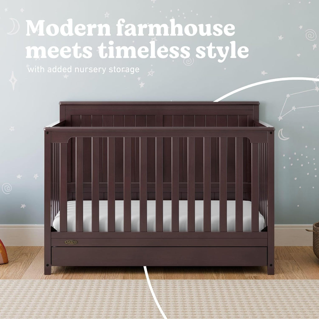 Graco Hadley 5-in-1 Convertible Crib with Drawer – GREENGUARD Gold Certified, Fits Standard Crib Mattress, Converts to Toddler Bed, Daybed and Full Bed, 4 Adjustable Mattress Heights (Espresso)