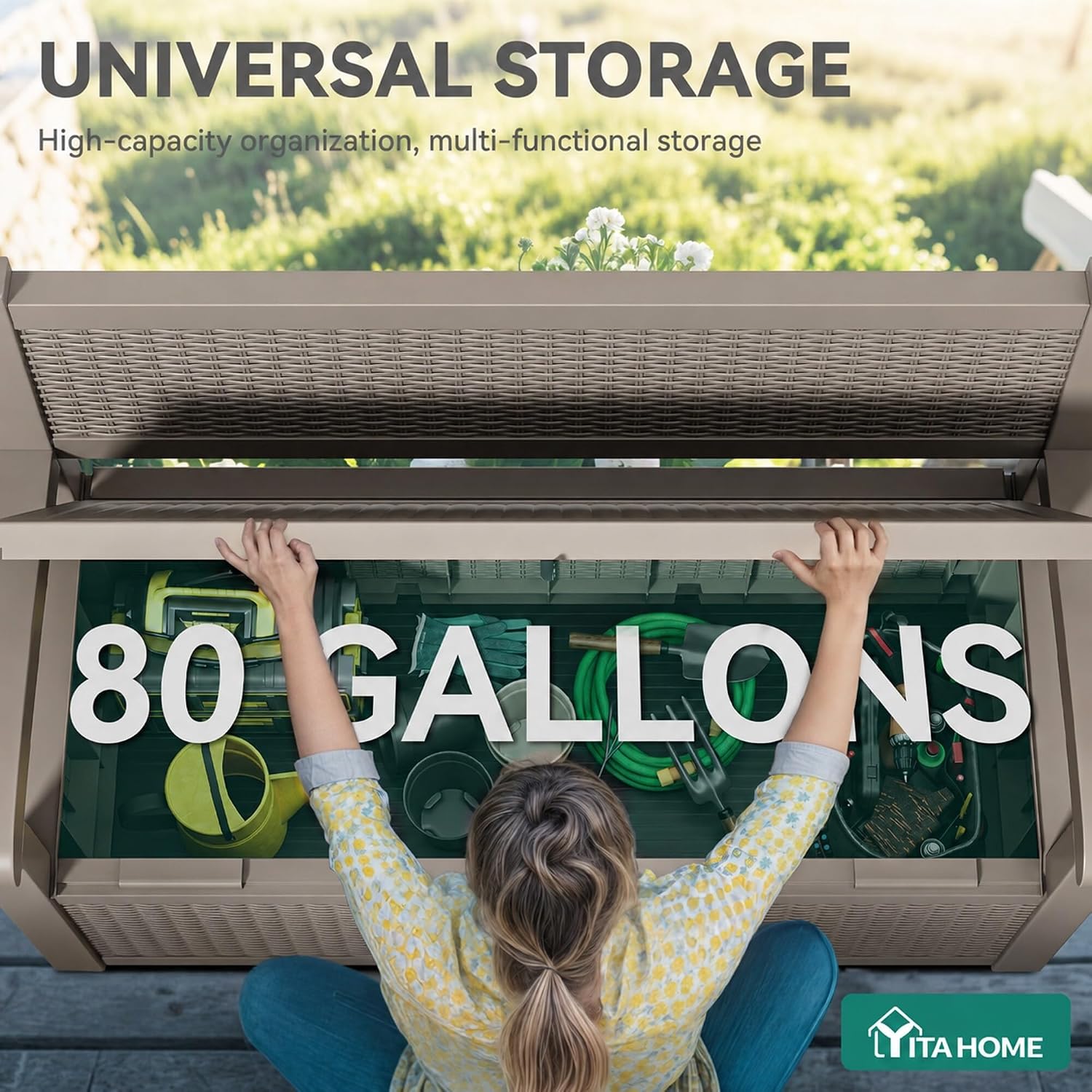 YITAHOME 80 Gallon Storage Bench Deck Box, Lockable Patio Bench, Waterproof Outdoor Pool Deck Storage for Patio Cushions, Garden Tools and Pool Supplies, Light Brown