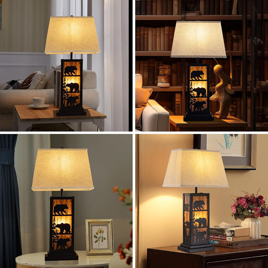 Wellmet Black Farmhouse Table Lamp, 2 Lights Bedside Lamp for Living Room, 27.5in Tall Vintage Nightstand Lamp, Touch Control Table Lamp with LampShade for Bedroom, Office(E26 Base)