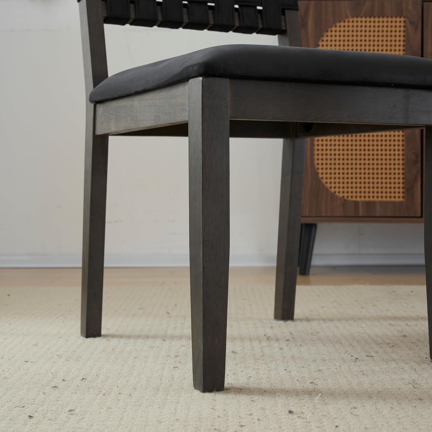 VINGLI Black Woven Wooden Dining Chairs Set of 2,Armless Mid Century Modern Desk Chairs with Rivet&Foot Pegs,Upholstered Farmhouse Comfy Chair No Wheels for Dining Room,Living Room,Kitchen,Oak,Suede