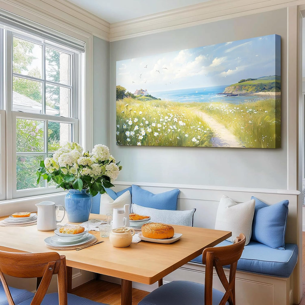 SERIMINO Seaside Nature Large Wall Art, Coastal Landscape Big Canvas Prints, Meadow Wildflowers Pictures Wall Decor, Sunny Scenery Home Decorations for Living Room Bedroom Farmhouse Cottage 29'X57'