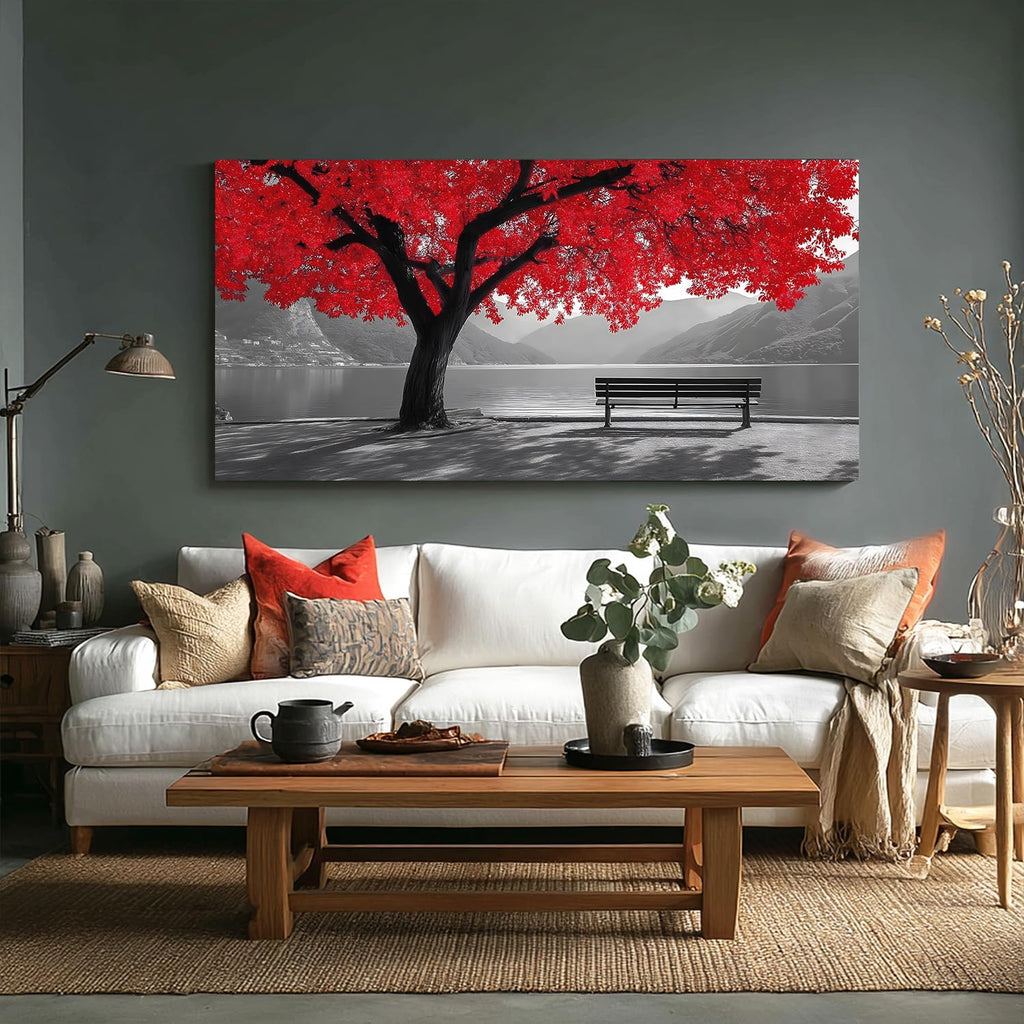 Tarfupth Black and White Red Large Tree of Life Wall Art for Living Room Mountain Artwork Landscape Lake Pictures for Bedroom Office Home Decor Modern Canvas Prints 29'x58'