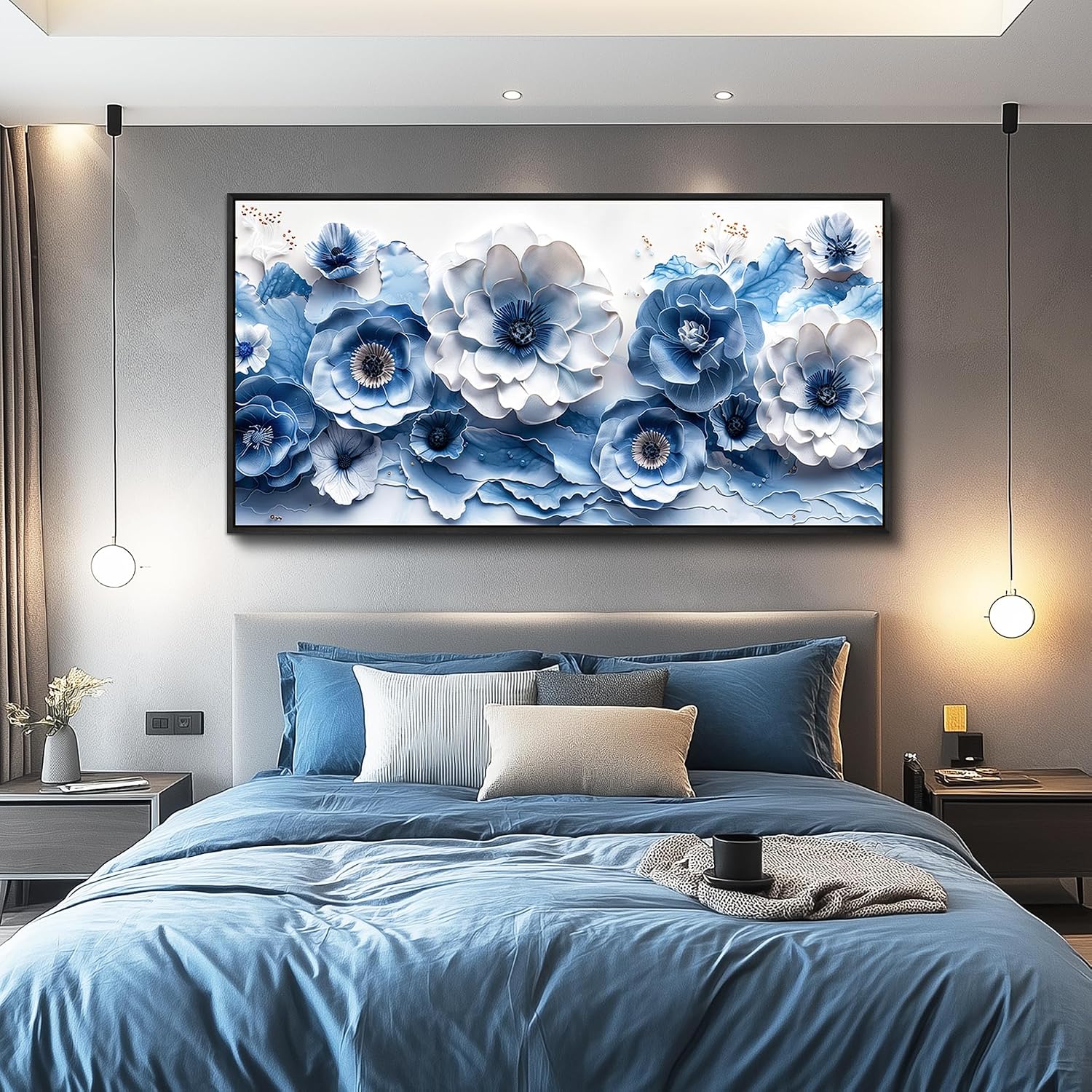 XIGUANGART Large Flower Prints Wall Art for Living Room Blue and White Paintings for Office Modern Black Framed Artwork Floral Pictures Wall Decoration for Bedroom Kitchen Women Aesthetic Home Decor