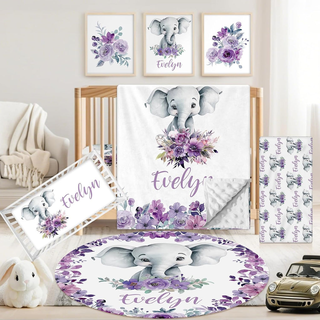 Personalized Baby Crib Bedding Set, 5 Pcs Custom Name Nursery Bedding Set for Girls Boys, Purple Elephant Baby Crib Set for Toddlers Infants, Double Layer Bedding Crib Sets Customized Gifts