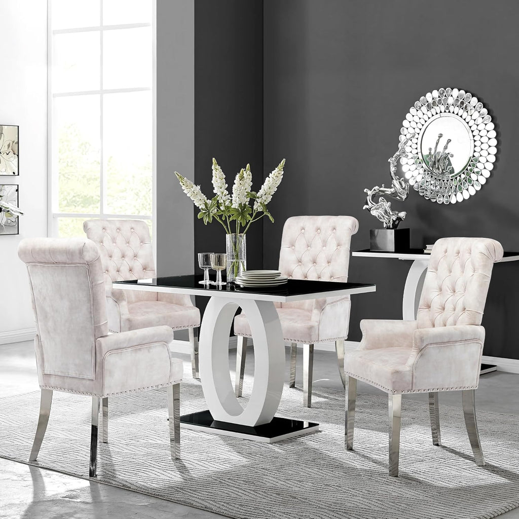 LOULENS Luxurious Velvet Dining Chairs Set of 4, Modern Upholstered Tufted Dining Room Chairs, Armrests Dining Chairs with Stainless Steel Leg (Beige + Velvet)