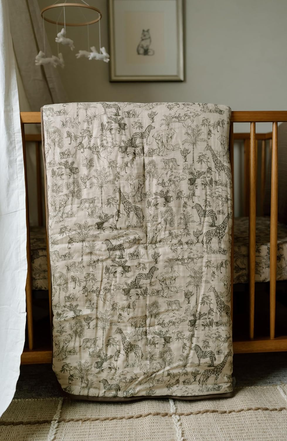 Oilo Vintage Safari Crib Bedding Set, 5-Layer Organic Cotton Muslin Crib Quilt & Sham, Jungle Elephant Giraffe Lion Zebra, Toddler Comforter 45x60, Reversible, Neutral Boy Nursery