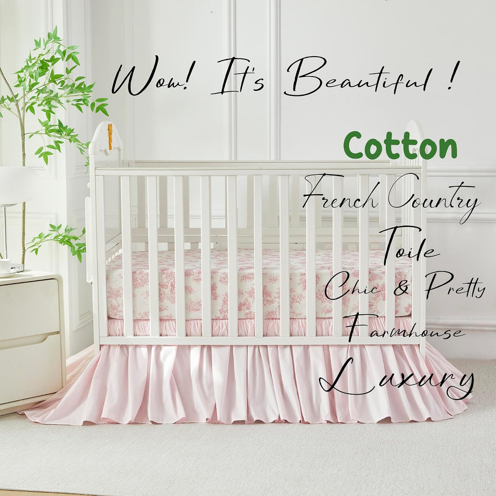 Brandream French Country Toile Crib Bedding Set for Girls Vintage Pink Toile Floral Print 100% Cotton Baby Girl Nursery Bedding Collection - Ruffles Quilt,Toile Crib Sheet,Crib Bed Skirt 3 Pieces