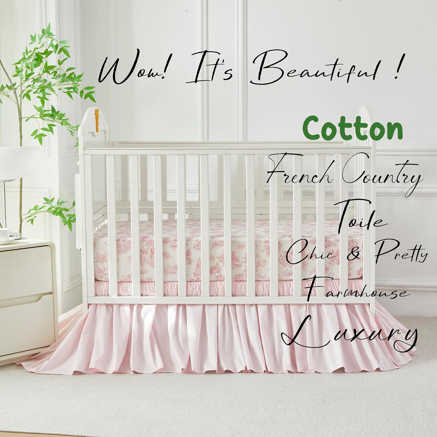 Brandream French Country Toile Crib Bedding Set for Girls Vintage Pink Toile Floral Print 100% Cotton Baby Girl Nursery Bedding Collection - Ruffles Quilt,Toile Crib Sheet,Crib Bed Skirt 3 Pieces
