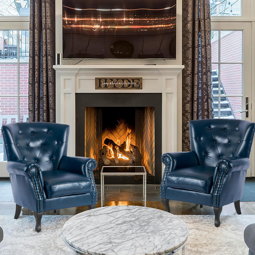 MOJAY PU Leather Accent Chair, Mid-Century Modern Armchair Living Room Club Chair with Tufted Button & Rivet Trim, Upholstered Sofa Chair with Sturdy Wood Legs for Bedroom (Navy)