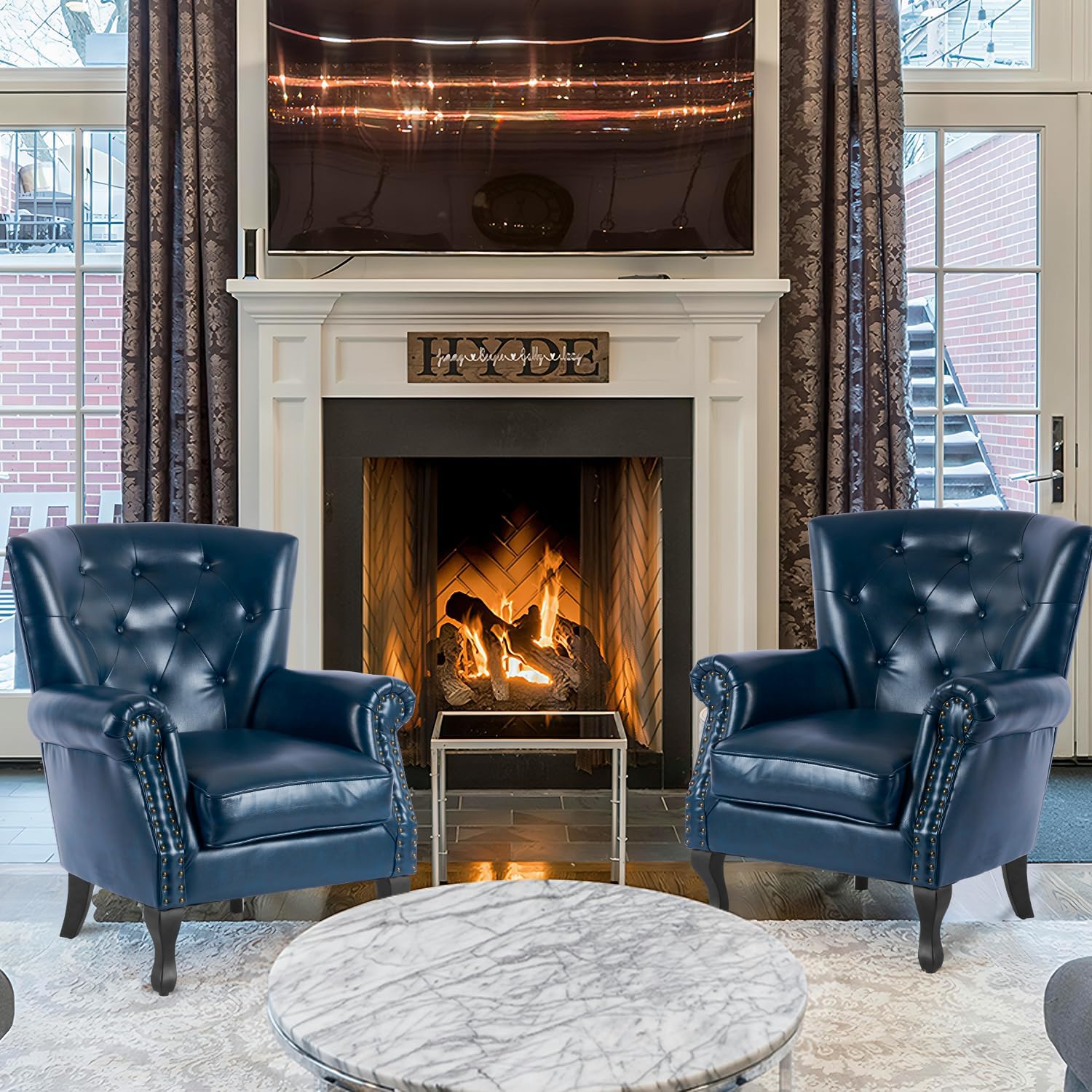 MOJAY PU Leather Accent Chair Set of 2, Mid-Century Modern Armchair Living Room Club Chair with Tufted Button & Rivet Trim, Upholstered Sofa Chair with Sturdy Wood Legs for Bedroom (Navy)