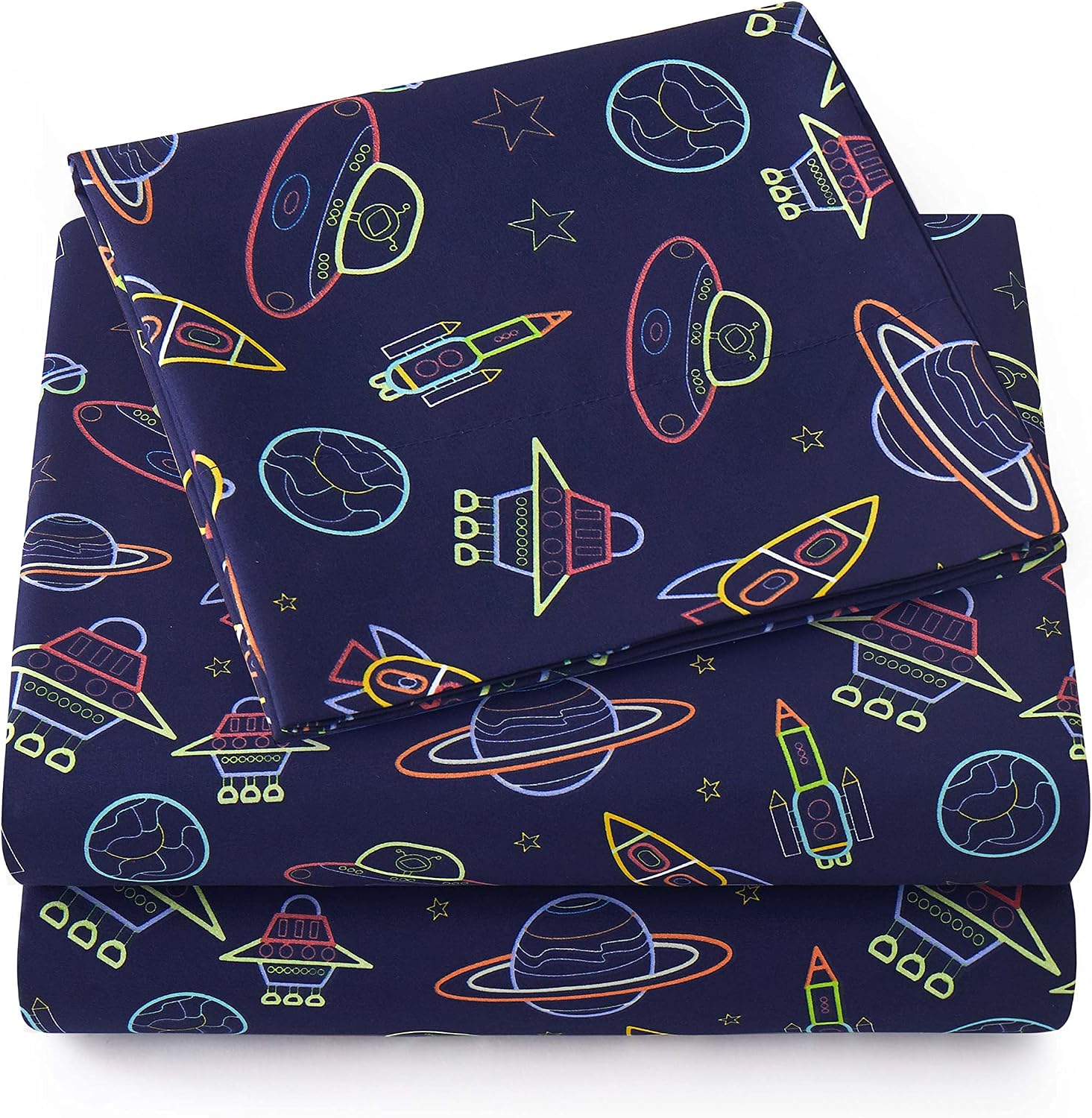 1500 Supreme Kids Bed Sheet Collection - Fun Colorful and Comfortable Boys and Girls Toddler Sheet Sets - Deep Pocket Wrinkle Free Soft and Cozy Bedding - Twin, Neon Spaceships(Pack of 12)
