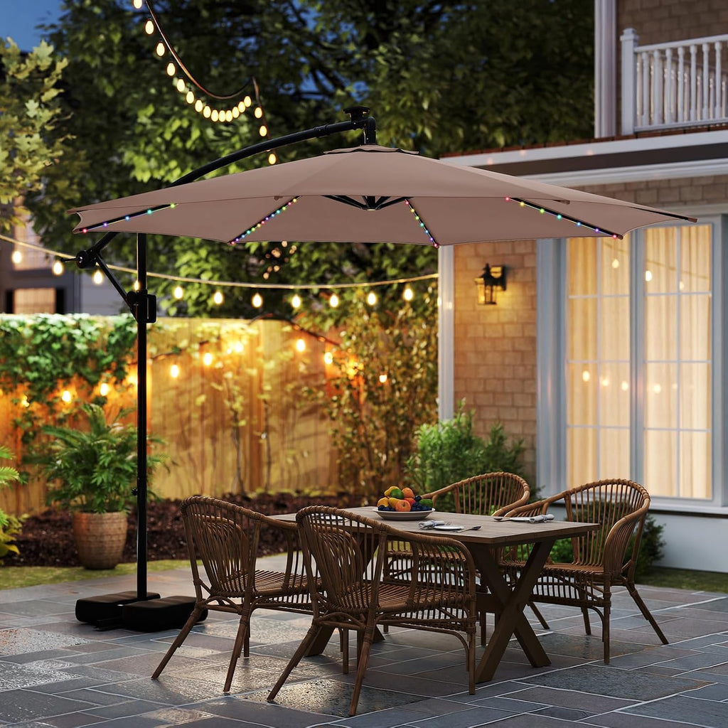 Tangkula 10 FT Solar Patio Umbrella with Base Included, Cantilever Offset Hanging Outdoor Umbrella with 96 Multi-Colored Flowing LED Lights, 9 Modes, Tilt Adjustment, 360° Rotation, Crank for Pool Yard Deck Lawn (Coffee)