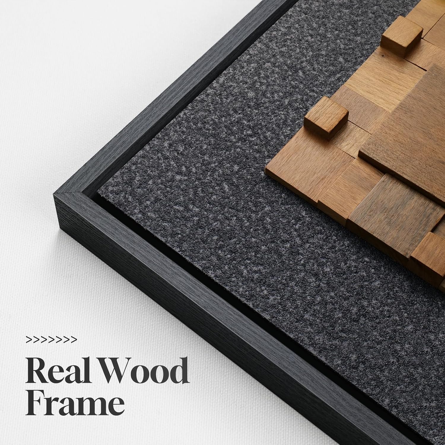Framed 3D Textured Wood Abstract Wall Art Decor for Living Room, Modern Square Geometric Wooden Artwork for Walls, Minimalist Black Sandstone Wall Decor for Hallway, Kitchen, Bedroom, Office, 20x20