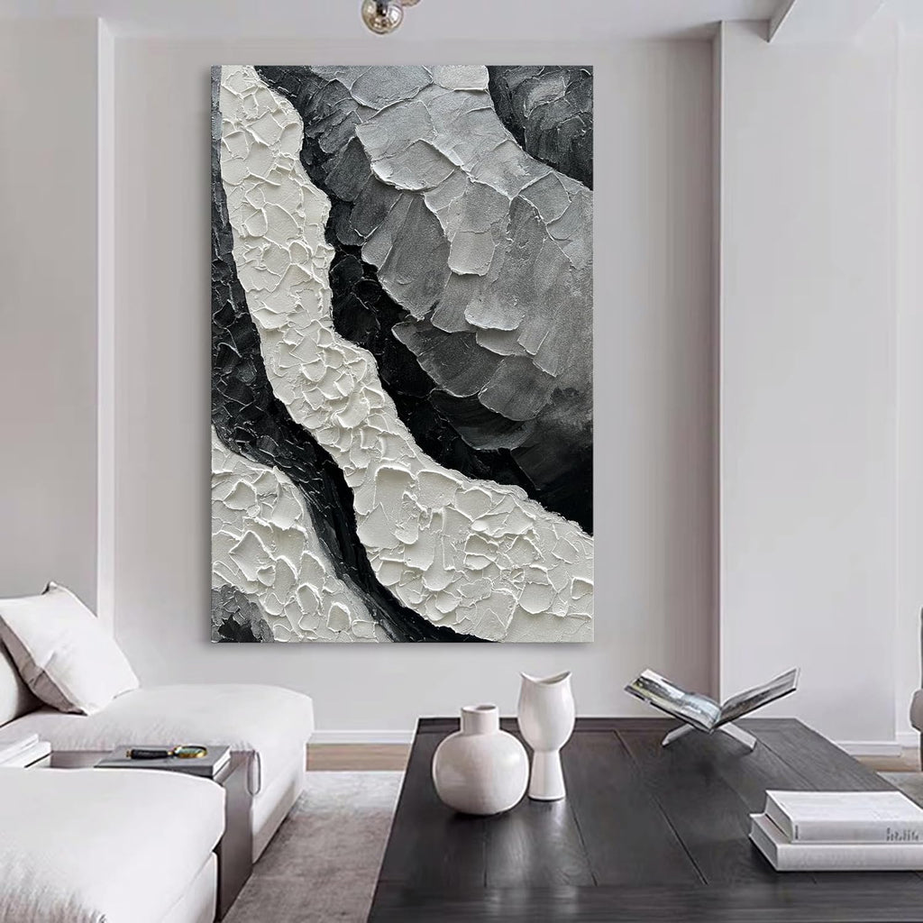 NANKAI Art Hand-Painted Thick Texture Black and White Minimalist Oil Painting 45x30 inch Large Office Corridor Living Room Wall Decorative Art Painting