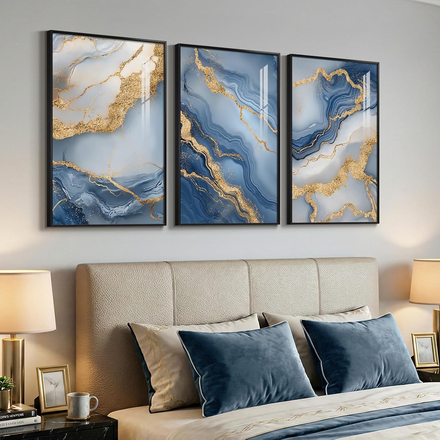 Large Framed Abstract Wall Art for Living Room, Modern Luxury 3 Piece Blue Gold White Prints Paintings for Walls, Elegant Marble Pattern Pictures for Dining Bedroom Hallway Office Home Decor 24x36 In