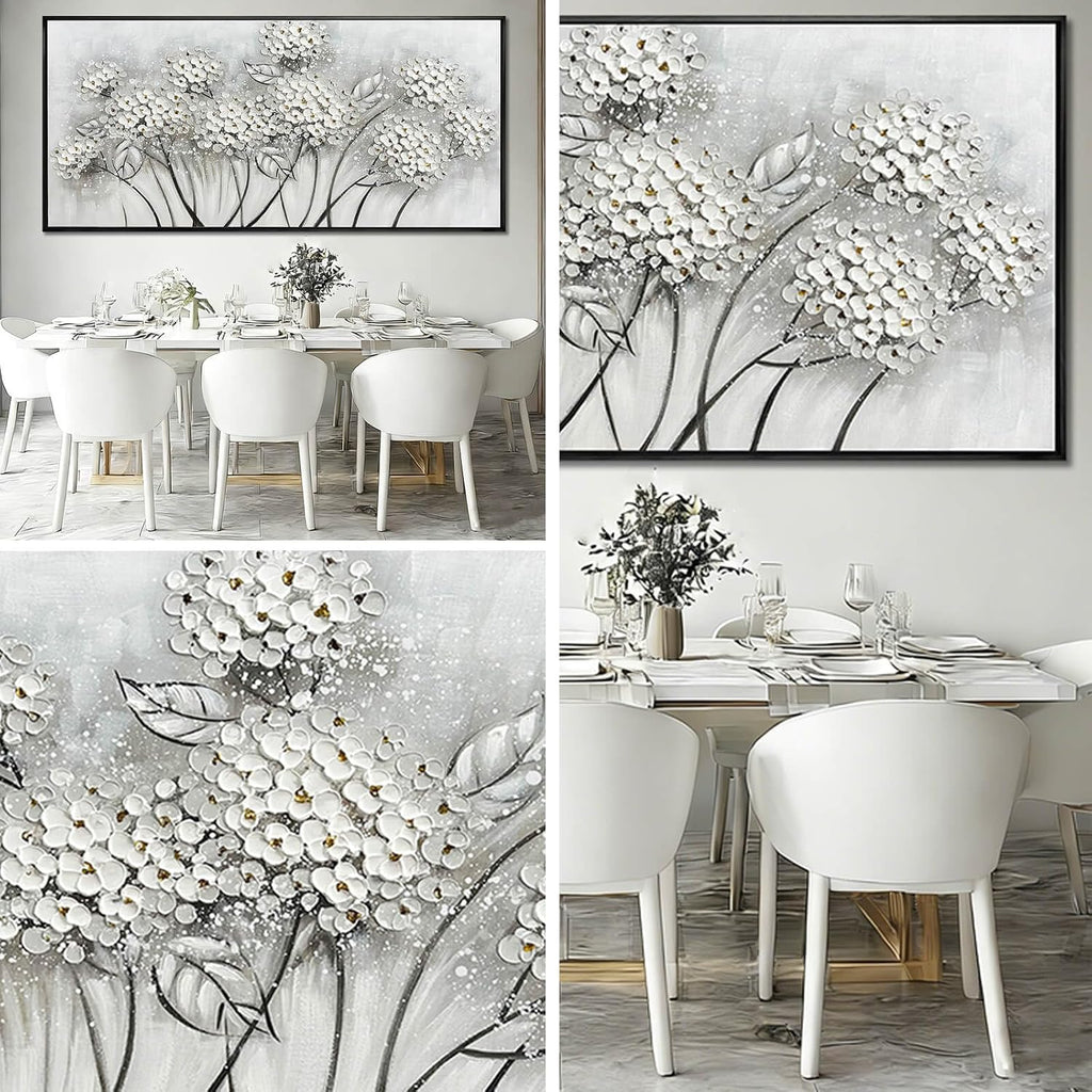 Kureful Grey and White Hand Painted Wall Art Flower Canvas Artwork Contemporary Oil Paintings 40'x86' Decorations for Bedroom Office