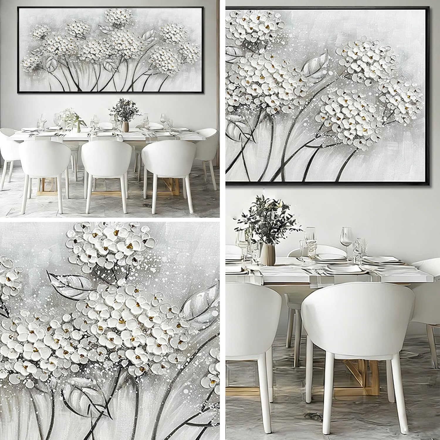 Kureful Grey and White Hand Painted Wall Art Flower Canvas Artwork Contemporary Oil Paintings 40'x86' Decorations for Bedroom Office