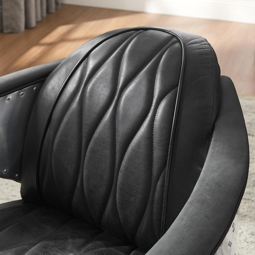 Zouron Vintage Leather Accent Chair, Upholstered Living Room Chair with Aluminum Legs and Handcrafted Rivets, Genuine Leather Single Sofa Chair Barrel Aviator Chair, Black