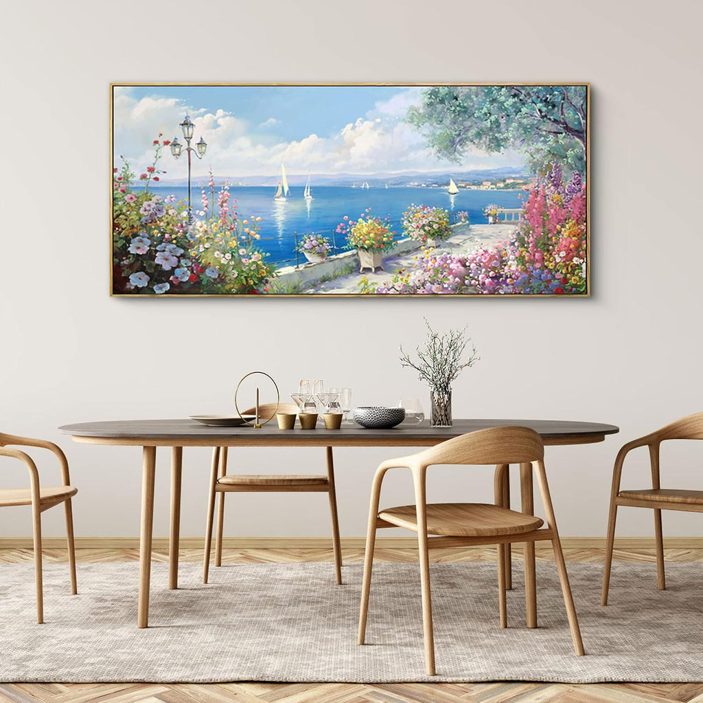 XLSJERST Coastal Wall Art for Living Room - Extra Large 70x31 Inches Ocean Seascape Canvas Beach Painting Landscape Sailboat Picture Modern Artwork Framed for Bedroom Office Home Decor