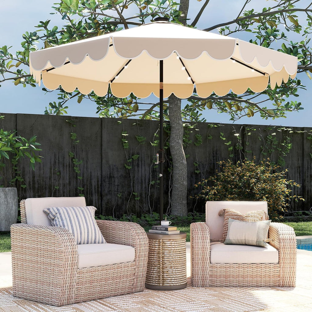 Tangkula 10FT Solar LED Patio Umbrella, 2-Tiers Scalloped Outdoor Table Market Umbrella with 24 LED Lights, Vented Top, Tilt Adjustment, Crank, 8 Ribs for Backyard Poolside Deck Beach Lawn (Beige)