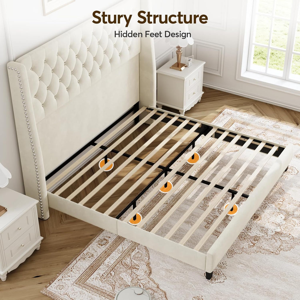 Queen Bed Frame with 55' Tall Headboard, Upholstered Bed Frames, Soft Fabric, Button Tufted Headboard with Windback, Platform Bed, Noise-Free, No Box Spring Needed, Beige