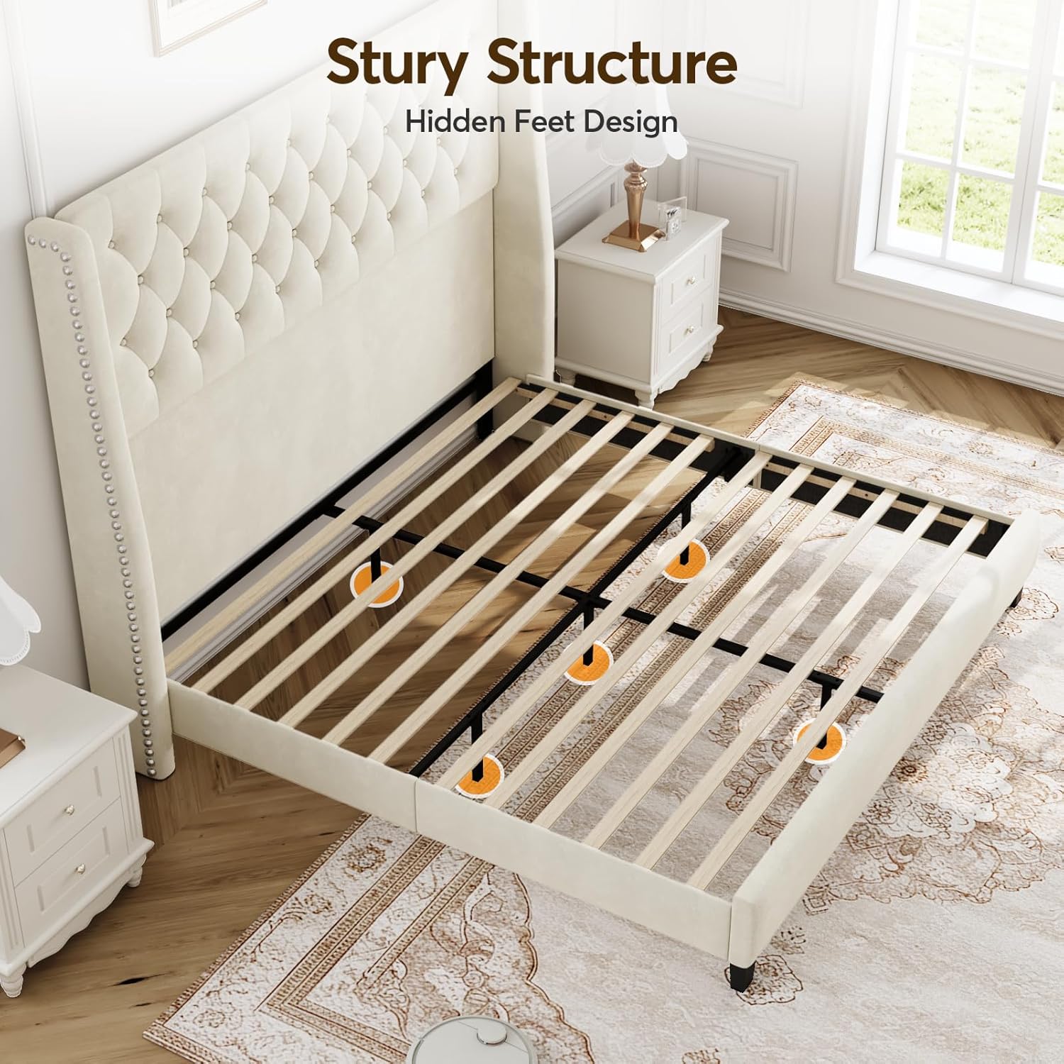 Queen Bed Frame with 55' Tall Headboard, Upholstered Bed Frames, Soft Fabric, Button Tufted Headboard with Windback, Platform Bed, Noise-Free, No Box Spring Needed, Beige