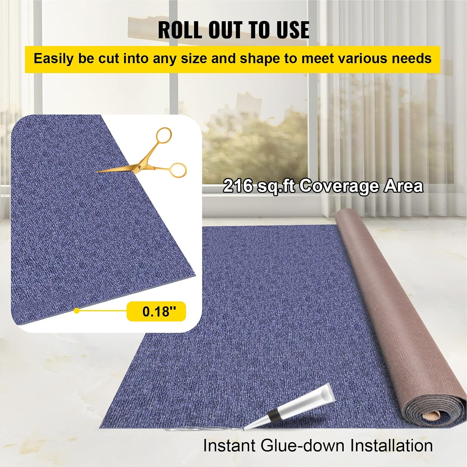 Happybuy 6 ft x 36 ft Deep Blue Marine Carpet for Boats Waterproof - 0.18' Thick Indoor Outdoor Rug Carpet Roll for Home Patio Porch Deck