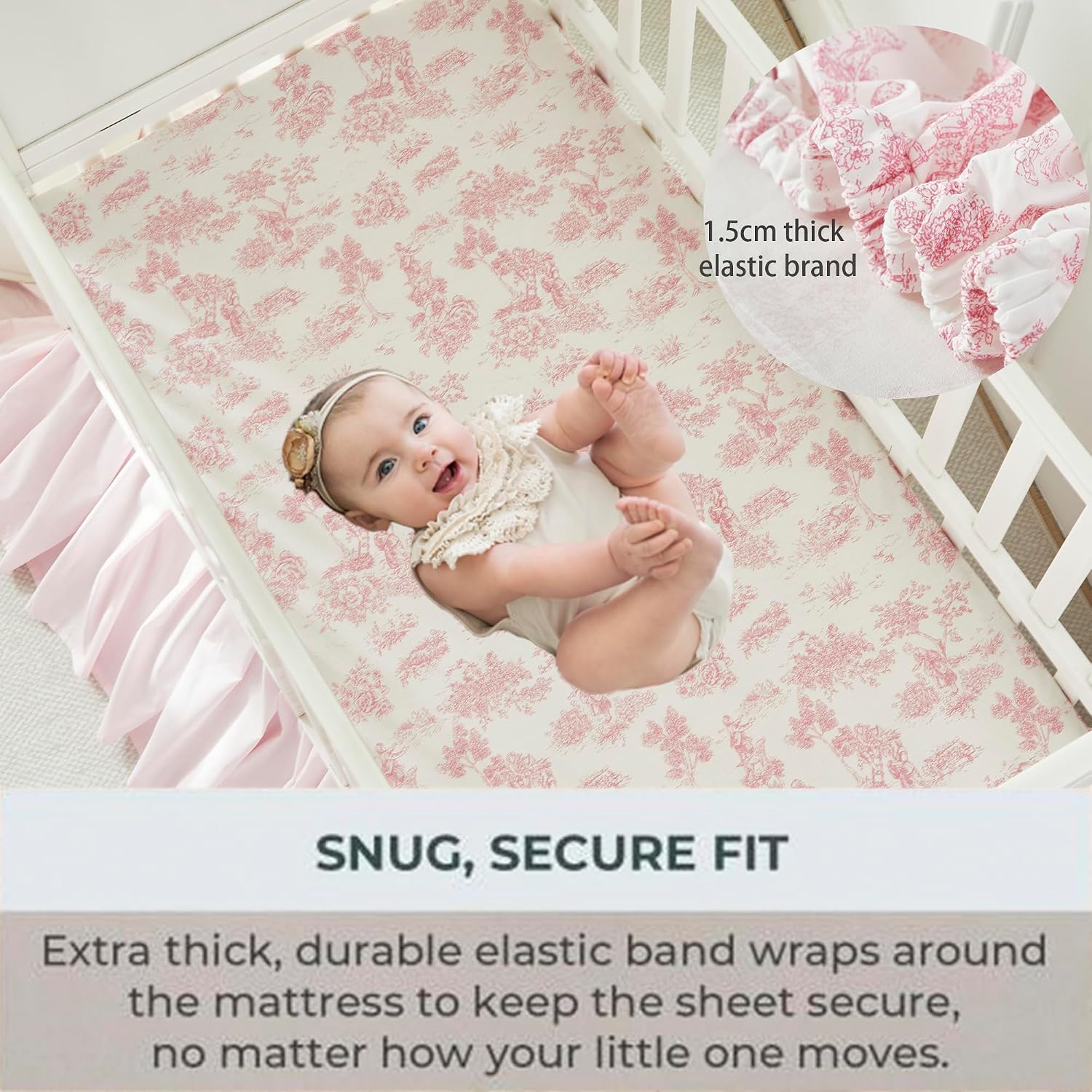 Brandream French Country Toile Crib Bedding Set for Girls Vintage Pink Toile Floral Print 100% Cotton Baby Girl Nursery Bedding Collection - Ruffles Quilt,Toile Crib Sheet,Crib Bed Skirt 3 Pieces