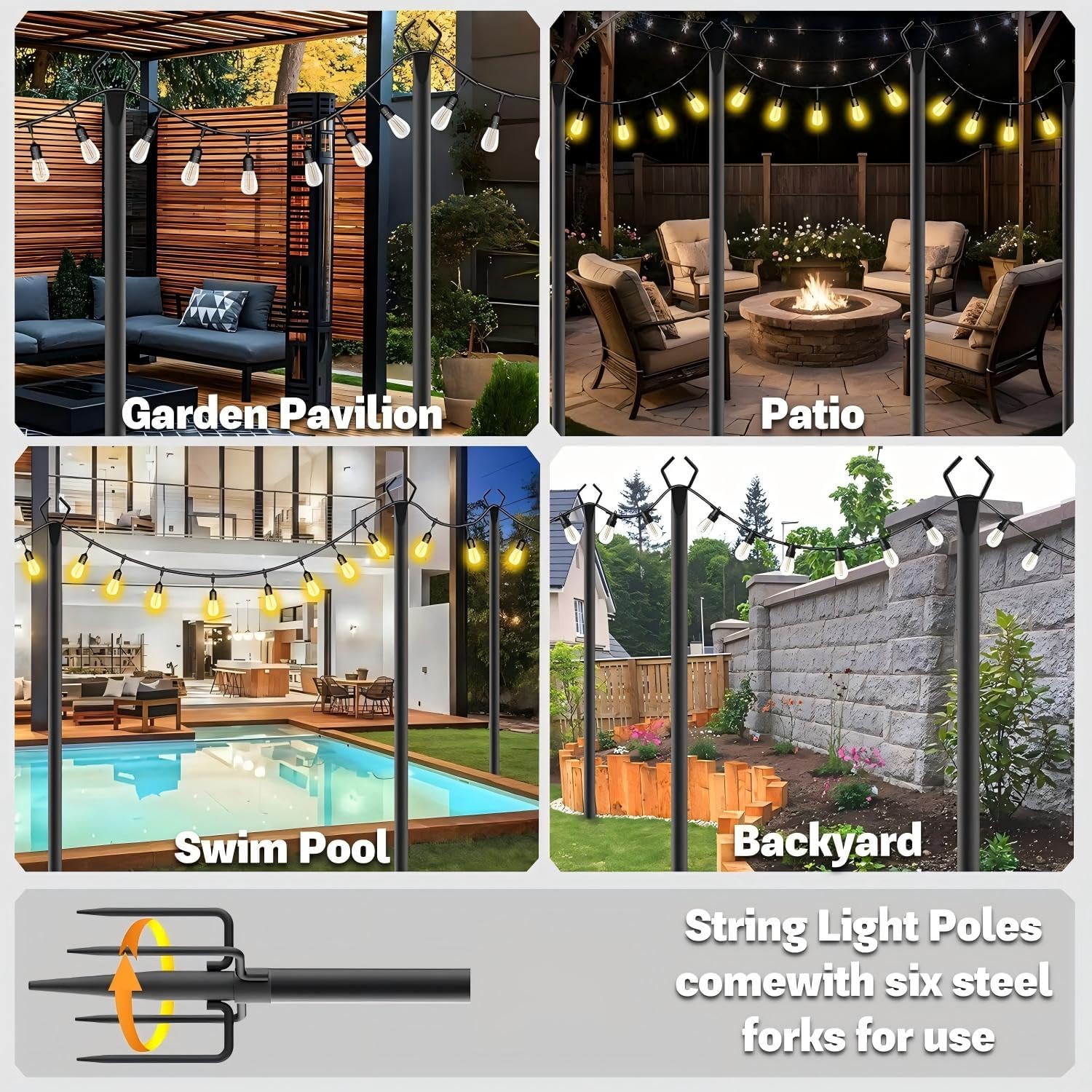 8 Pack 10 ft Heavy Duty Metal String Light Poles Adjustable Outdoor Lighting Stand for Patio,Backyard,Garden,Party & Wedding Rustproof & Sturdy with Hooks