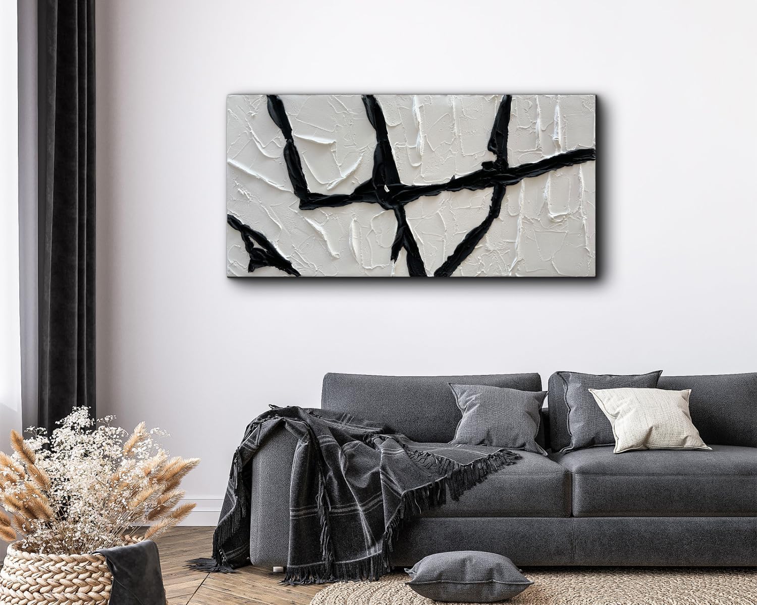 Creespi Hand Painted Black and White Thick Texture Oil Painting On Canvas,Modern Minimalist Abstract Wall Art for Home Decor 24x48 inch