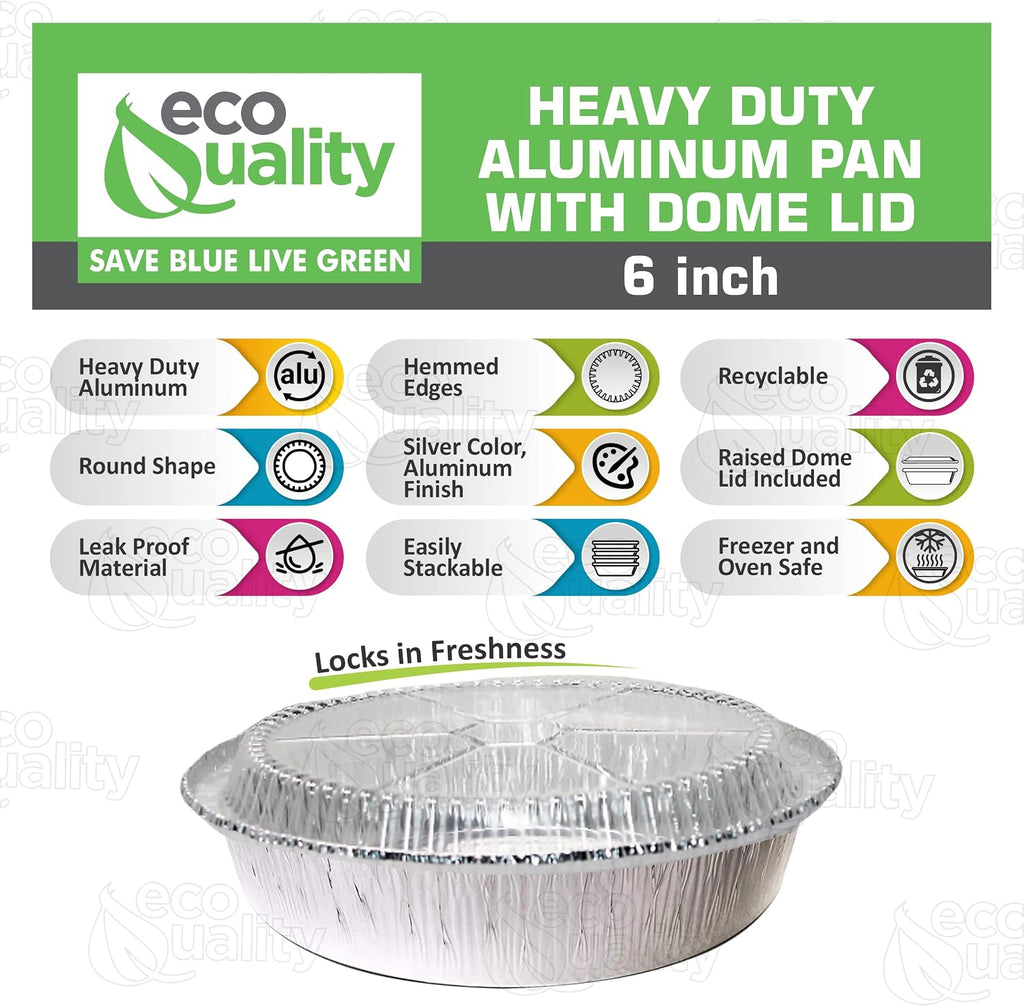 EcoQuality 6' Round Aluminum Foil Pans with Clear Lids - Disposable Containers with Foldable Walls for Pie Baking, Cooking, Serving, Reheating, and Storing - Freezer and Oven Safe Tart Pan 500 Pack
