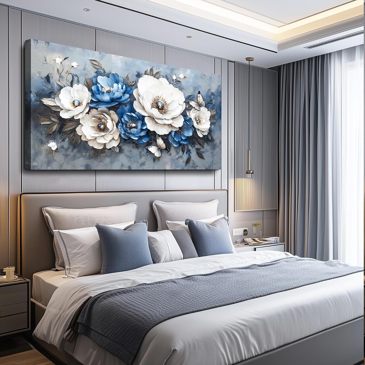 WLWBINTING Large Flower Pictures Wall Decor Vintage Floral Wall Art Floral Canvas Wall Art White Blue Floral Paintings Wall Decor Pictures Farmhouse Wall Art For Living Room Bedroom Office Home Decor