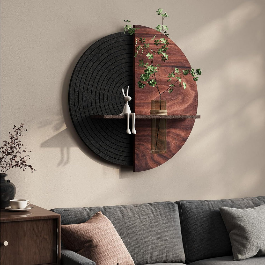3D Textured Round Abstract Wall Art Decor With Shelf, Modern Minimalist Geometric Black Brown Artwork for Walls, Circle Sandstone Texture Wall Decor for Living Room, Hallway, Kitchen, Bedroom, Office