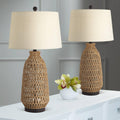 360 Lighting San Carlos 29' Tall Farmhouse Rustic Natural Cottage Core End Table Lamps Set of 2 Rattan Wicker Fabric Oatmeal Shade Living Room Bedroom Bedside Nightstand House Office Home Kitchen