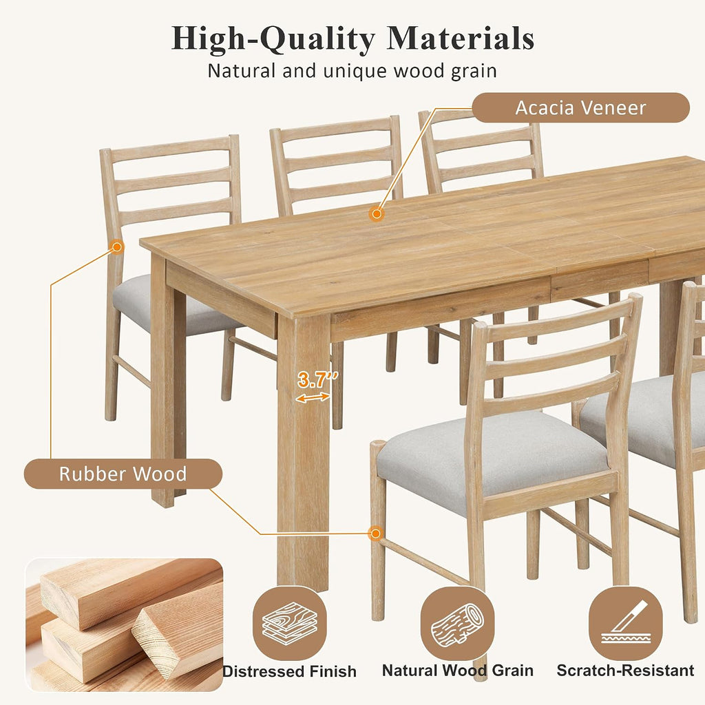 Farmhouse 7-Piece Kitchen Dining Table Set, Solid Wood Rectangle Extendable Table with 12' Leaf and 2 Drawers, 6 Dining Chairs with Soft Cushion, Dining Table Set for 6 Persons (Natural Wash+)