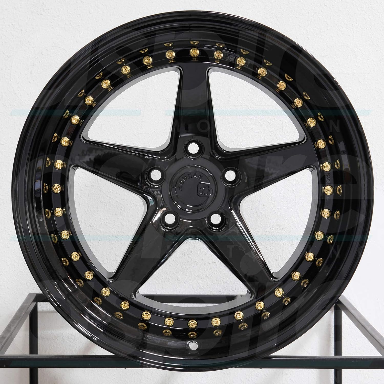 Aodhan DS-05 Custom Wheel - 18x9.5, 35 Offset, 5x100 Bolt Pattern, 73.1mm Hub - Gloss Black with Gold Rivets Rim