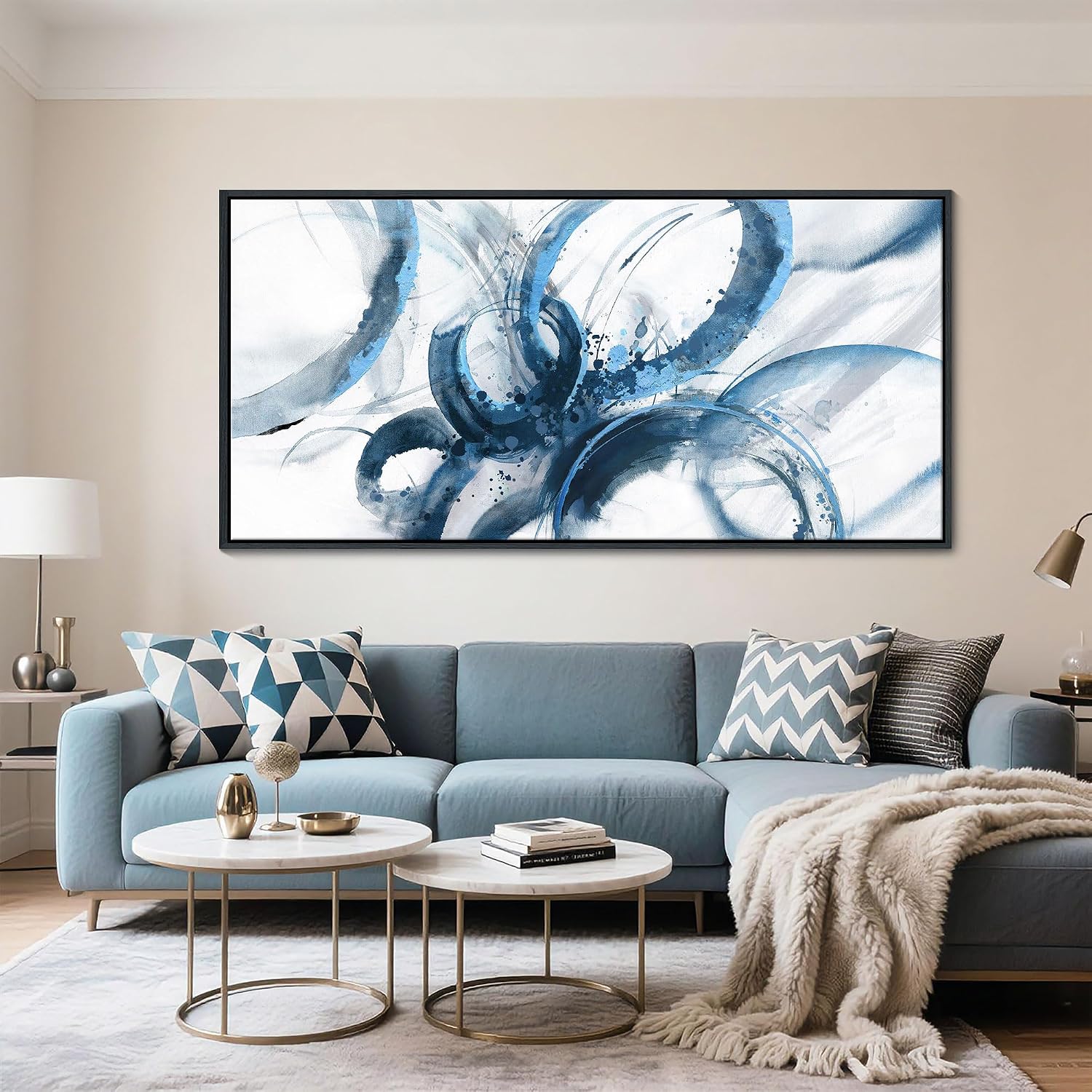 AJAZIKO Blue Abstract Canvas Wall Art for Living Room - Large Modern Navy & White Framed Artwork, Extra Large Bedroom Wall Decor, Sophisticated Office Pictures 30×60IN